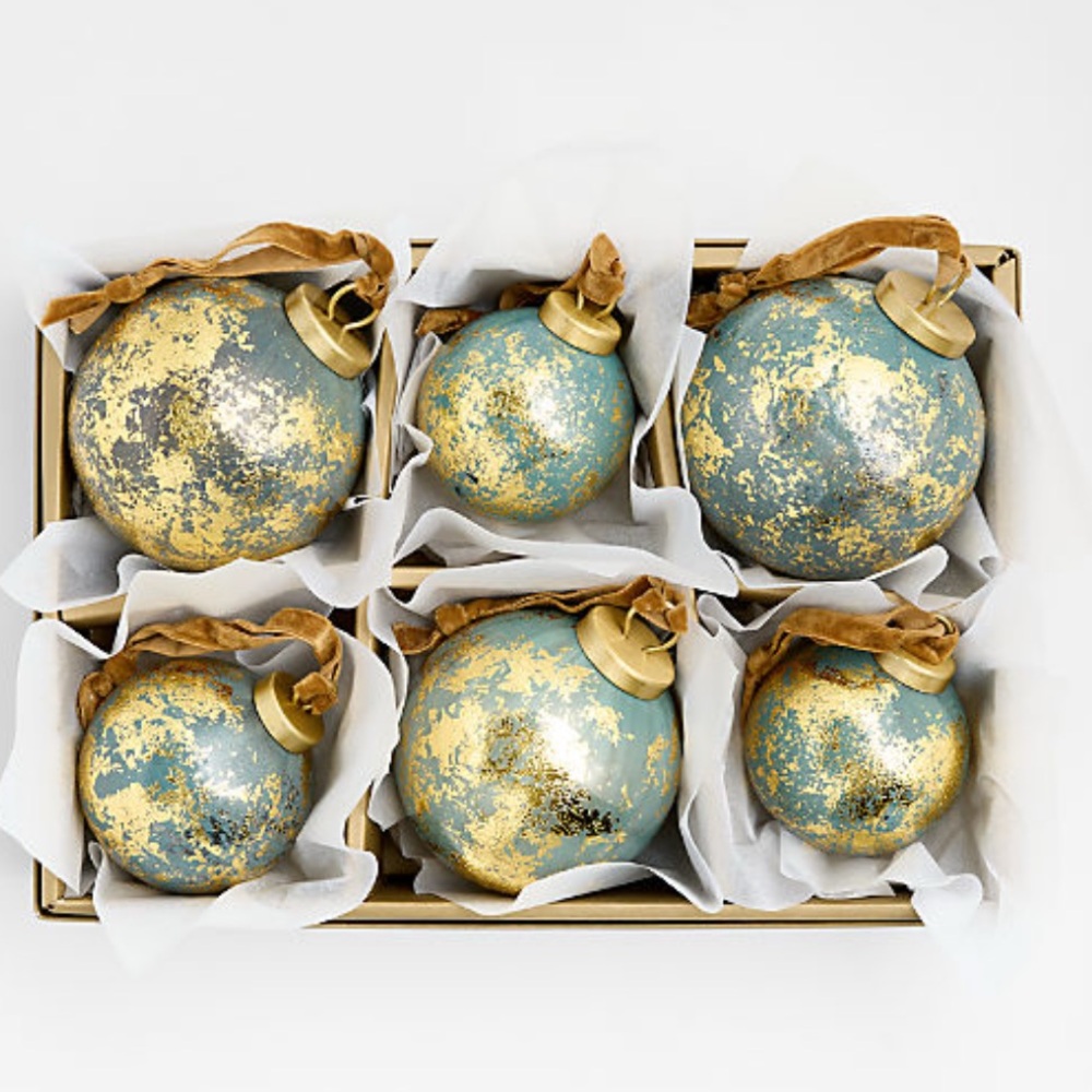 New! Crate&Barrel Gold Patina Glass Ornaments, Set of 6